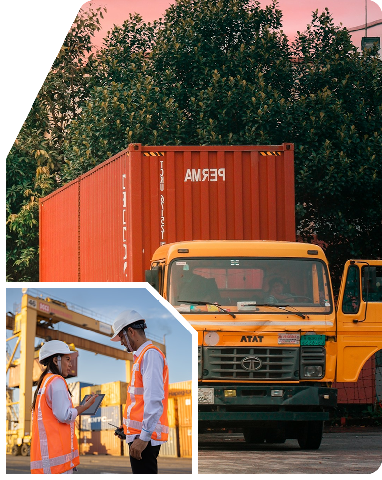 Hans Air Express truck and shipping container yard for cargo logistics operations