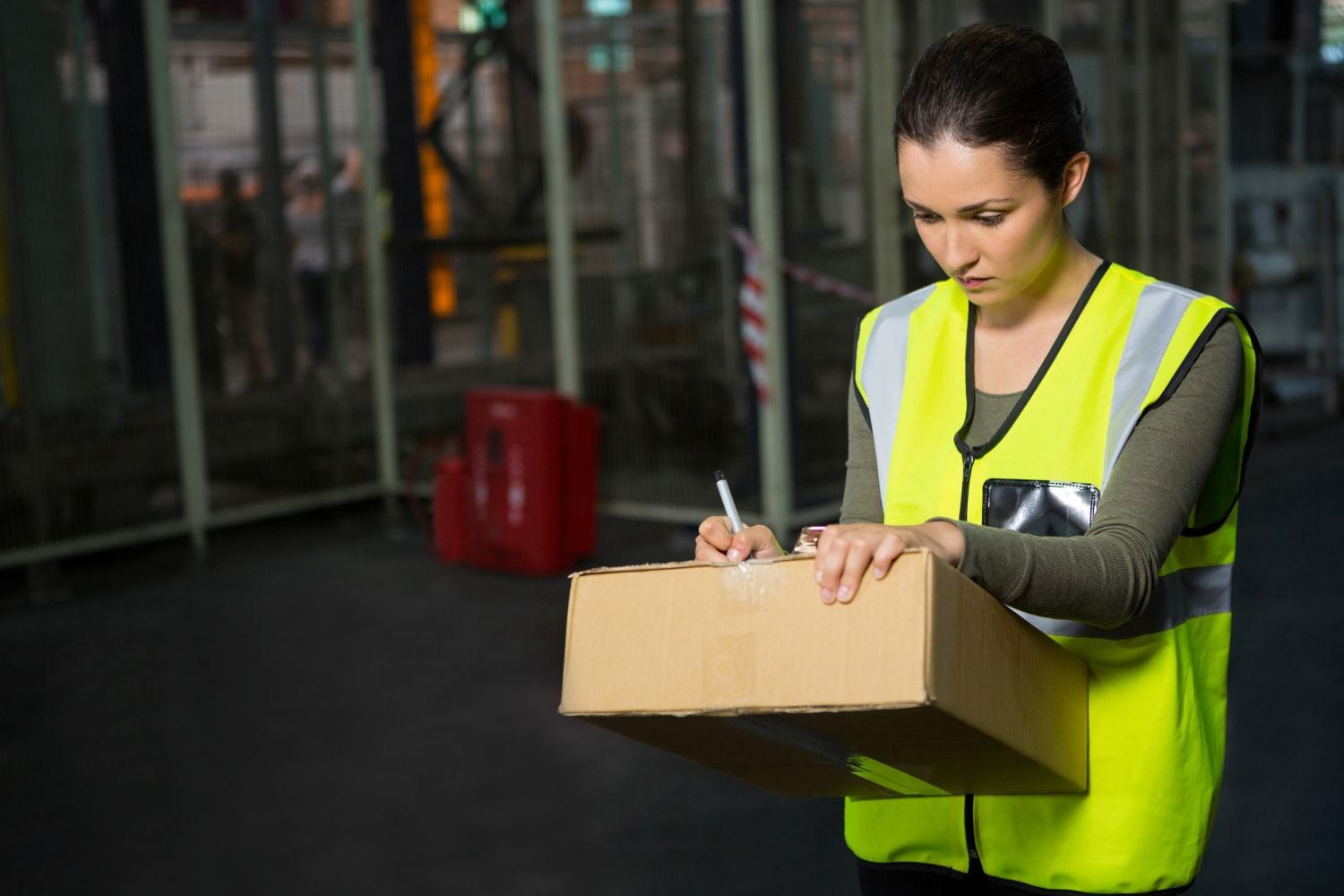 Hans Air Express warehouse worker scanning a parcel for courier dispatch in Mumbai
